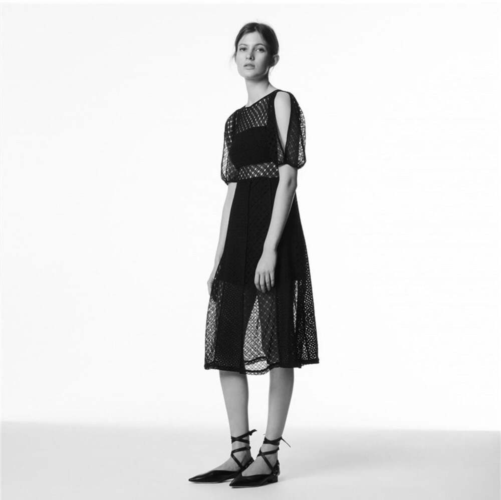 Sandro Paris All-Over Lace Midi Dress with Cut-Out Shoulders